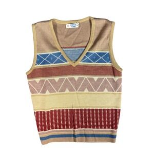 Vintage College Town Vintage Striped V Neck Sweater Vest Tan Blue Red Women's M